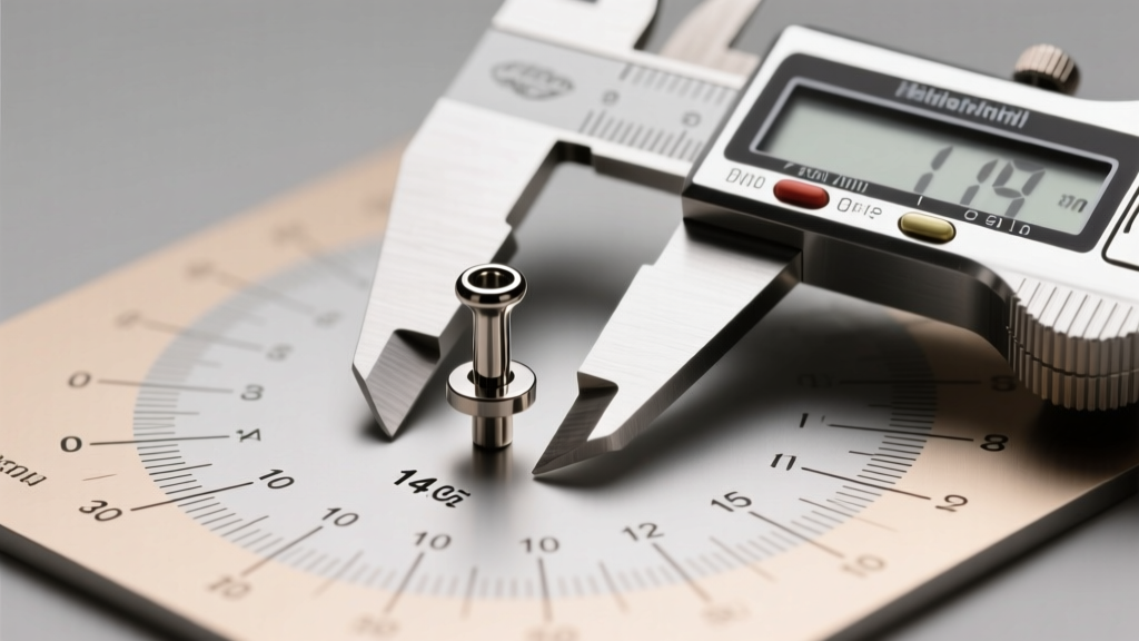 Digital calipers measuring a 14-gauge titanium labret post resting on a modern body jewelry gauge chart under soft studio lighting