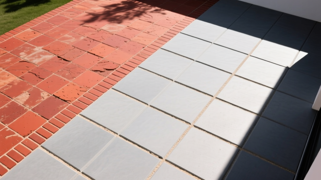 Top-down view of a patio split diagonally between red clay bricks and gray interlocking concrete pavers with tight sand joints