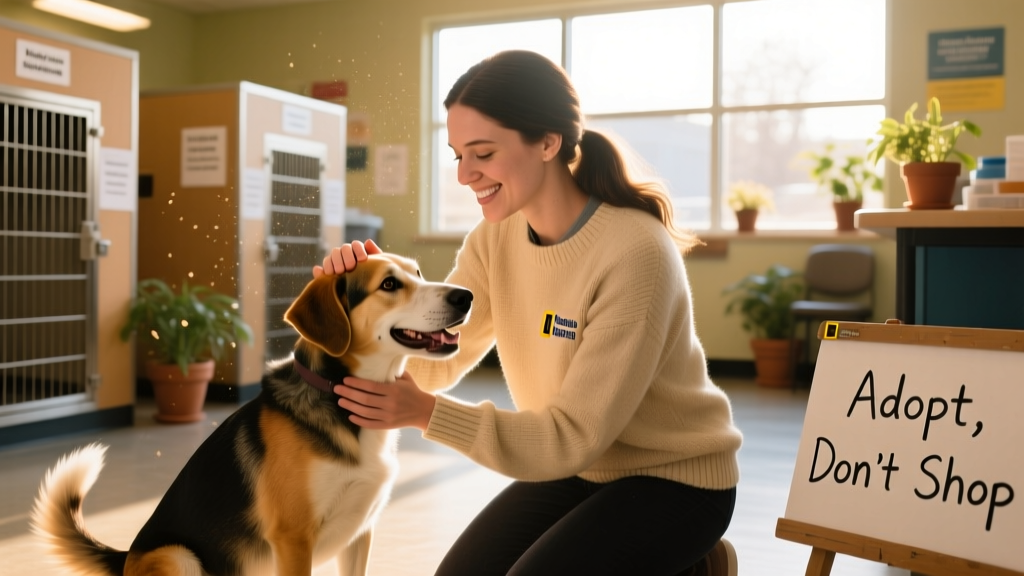 A volunteer helping a friendly dog during a meet-and-greet at a local shelter