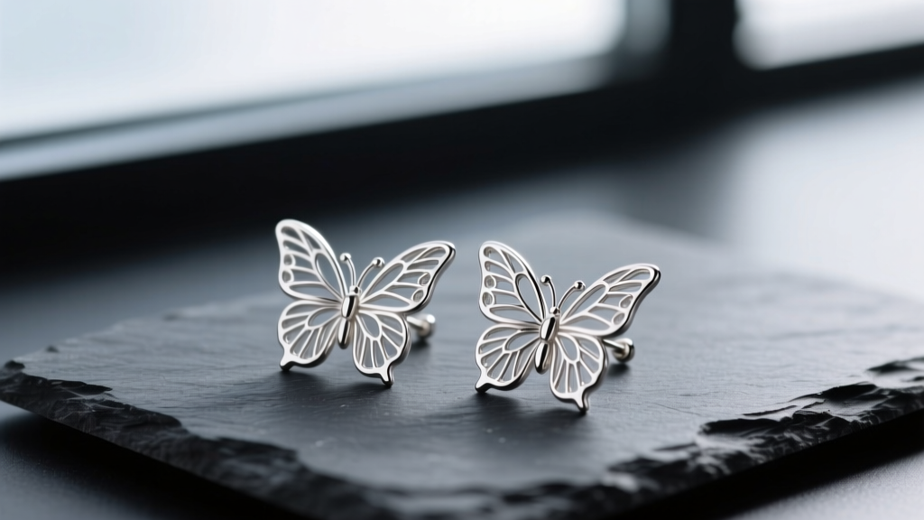 Macro shot of sterling silver butterfly earrings on dark slate, soft lighting highlighting filigree wing details.