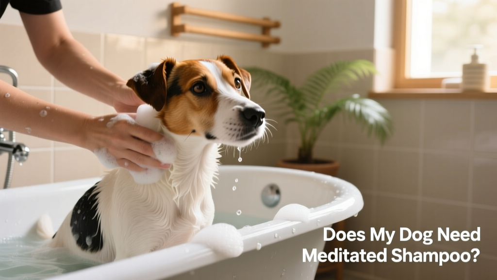 Jack Russell terrier calmly sitting in a bathtub during a grooming session