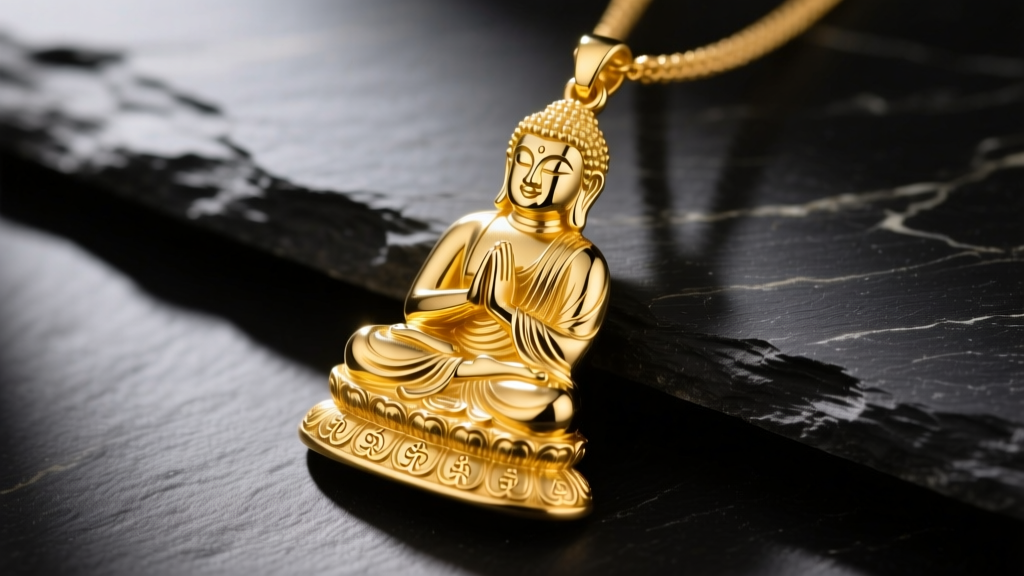 Close-up of a 14k yellow gold Buddha pendant in Bhumisparsha mudra resting on dark slate with soft directional lighting.