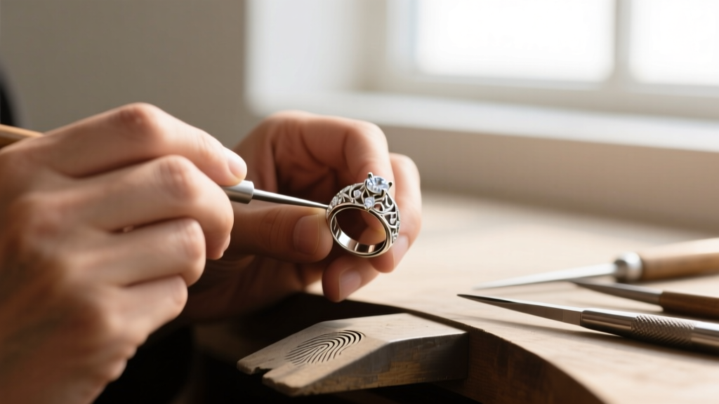 Jeweler's loupe magnifying 14K and 585 hallmark stamps on a delicate gold rope chain clasp, illuminated by a bright LED desk lamp.