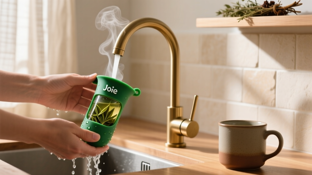 Hand washing a compact Joie silicone expanding tea infuser under a small kitchen faucet with steam rising from a nearby ceramic mug