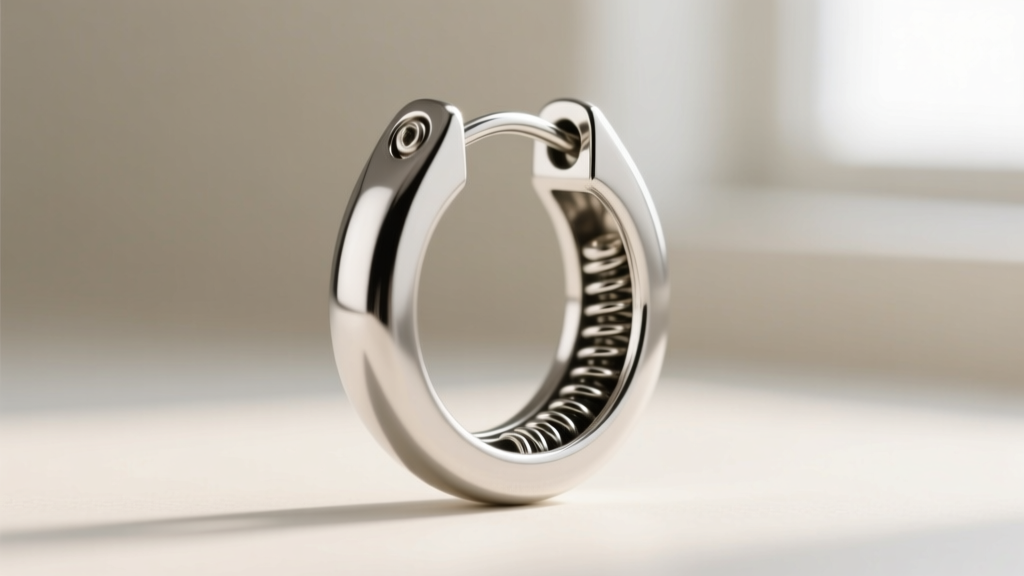 Macro view of hinged snap clasp on mens silver hoop earring showing interlocking latch and tension spring mechanism in sharp focus