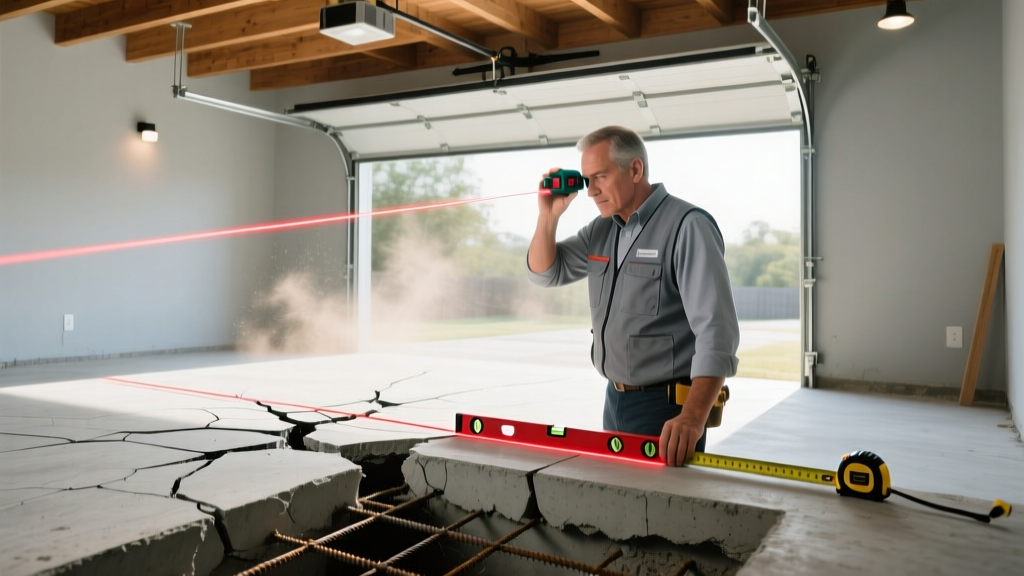 Structural engineer inspecting a cracked concrete slab foundation in an Austin Texas residential garage using a laser level and measuring tape