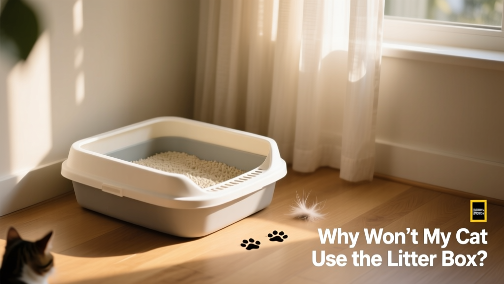 Close-up of a clean, uncovered litter box in a quiet corner of a sunlit room
