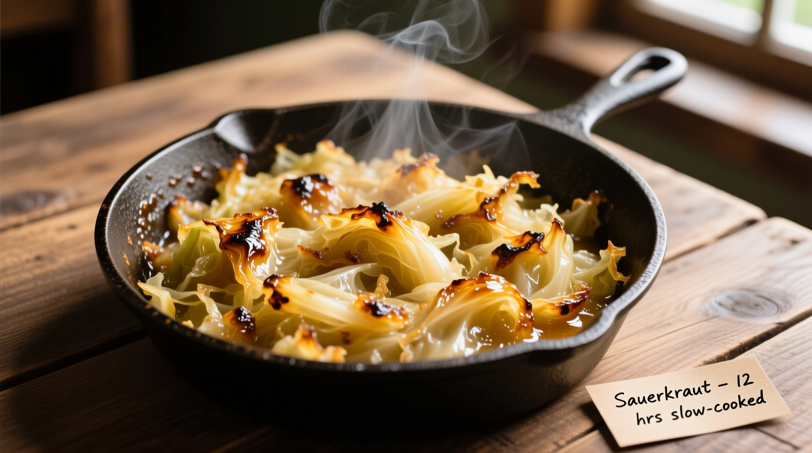 Perfectly cooked sauerkraut in cast iron skillet