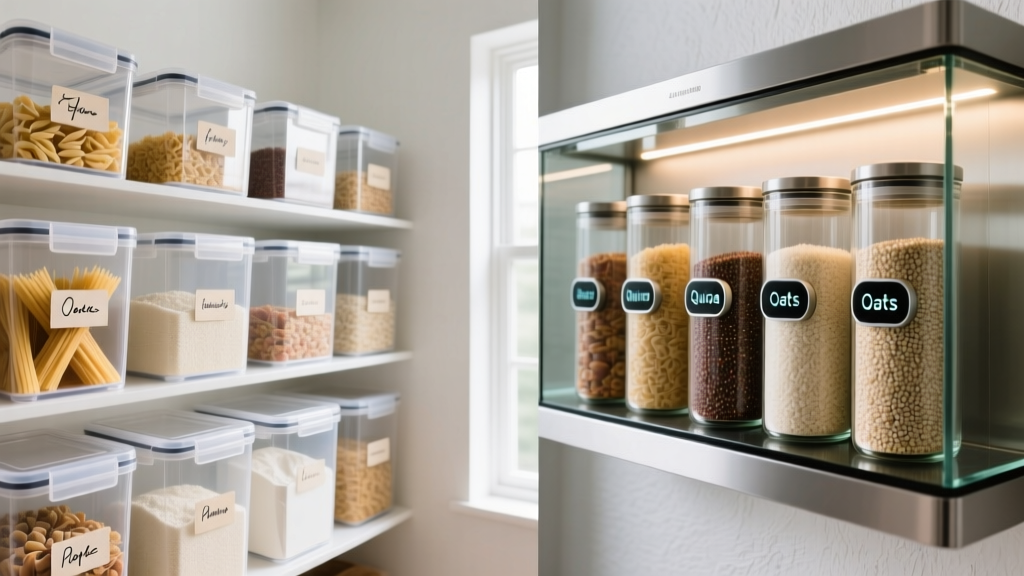 Split-screen pantry showing clear plastic bins on left and vacuum-sealed glass container system with digital labels on right