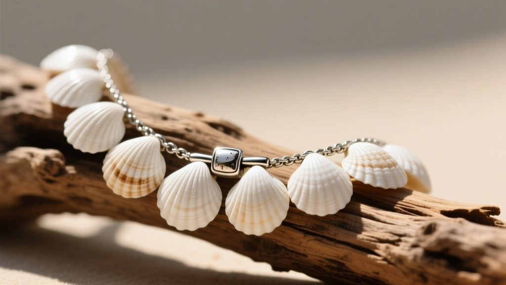 Macro shot of a white puka shell necklace with a tarnished silver clasp resting on driftwood, lit by soft natural sunlight.