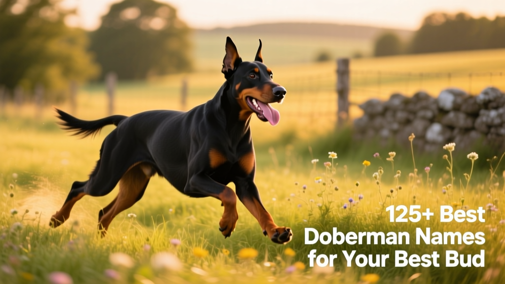 A happy Doberman dog running joyfully through sunlit fields