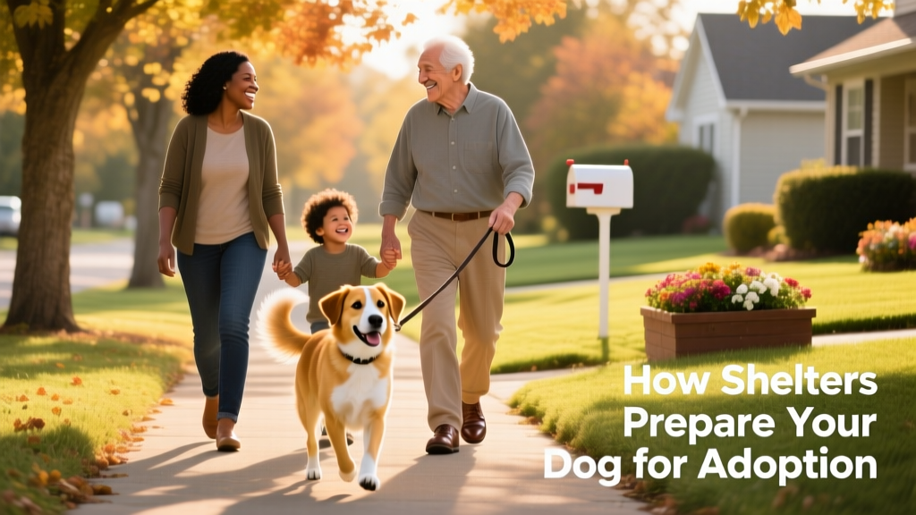 A smiling family walking their newly adopted dog along a sunny neighborhood path