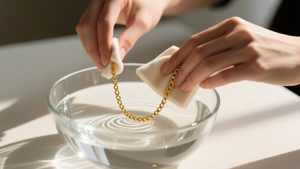 Hands gently wiping a delicate gold-plated chain necklace with a damp microfiber cloth over a glass bowl of distilled water.
