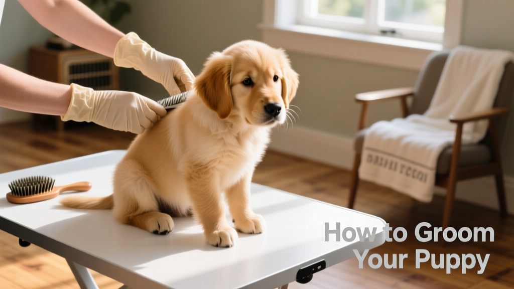 A calm, relaxed puppy sitting on a grooming table with soft lighting and gentle hands nearby