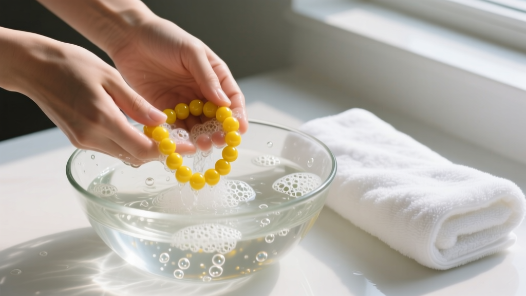 Hands washing a yellow beaded necklace in a glass bowl of soapy water, soft microfiber cloth resting nearby on a white towel.