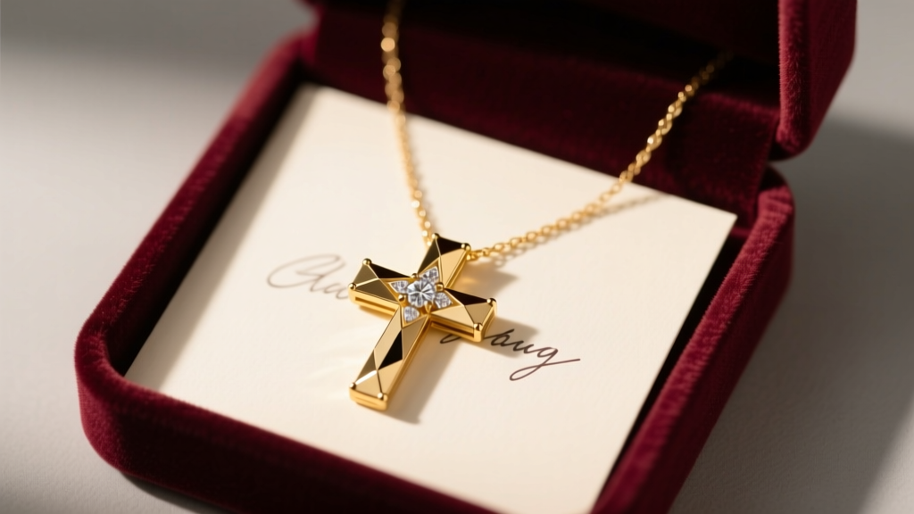 Open velvet box revealing a large 18k gold diamond-cut cross necklace on a handwritten card, illuminated by warm ambient lighting.