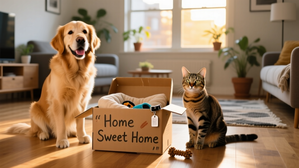 A happy dog and cat sitting beside a moving box labeled 'Home Sweet Home'