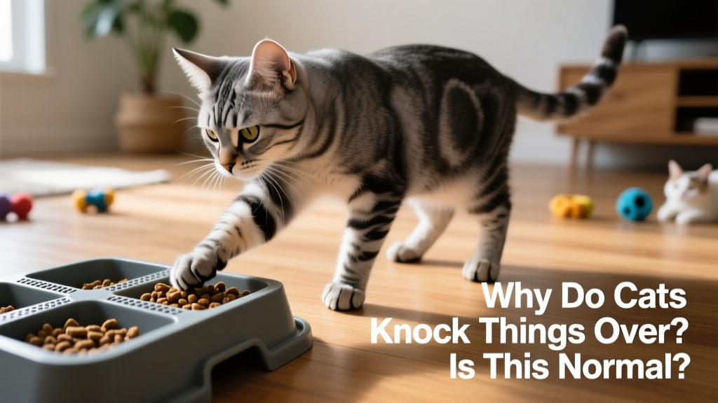 A cat interacting with a slow-feeder toy filled with kibble, pawing at compartments