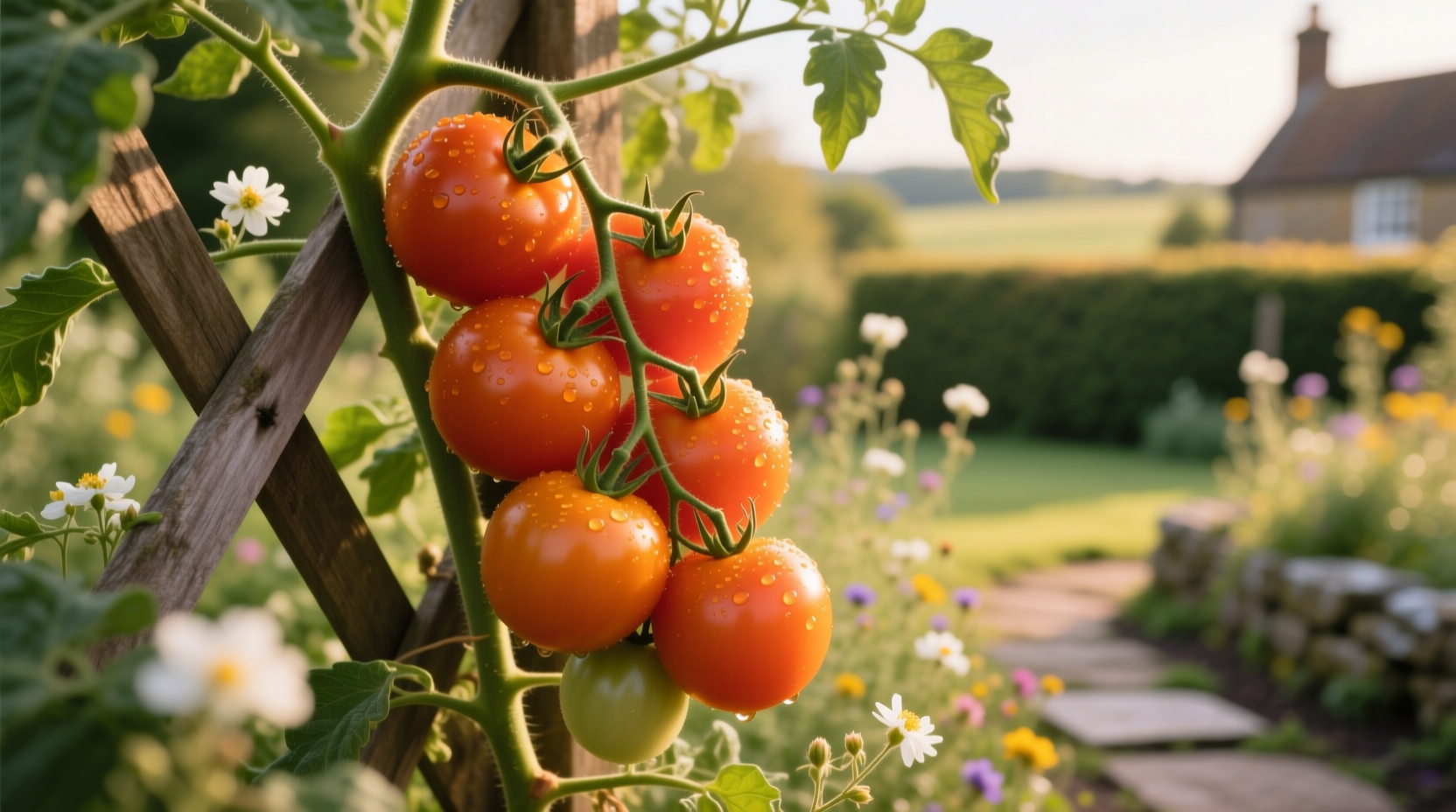 Ripe orange tomatoes on vine in garden setting