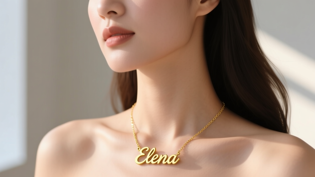 Close-up of a woman wearing a 14k yellow gold nameplate necklace with a classic script font resting perfectly on her collarbone.