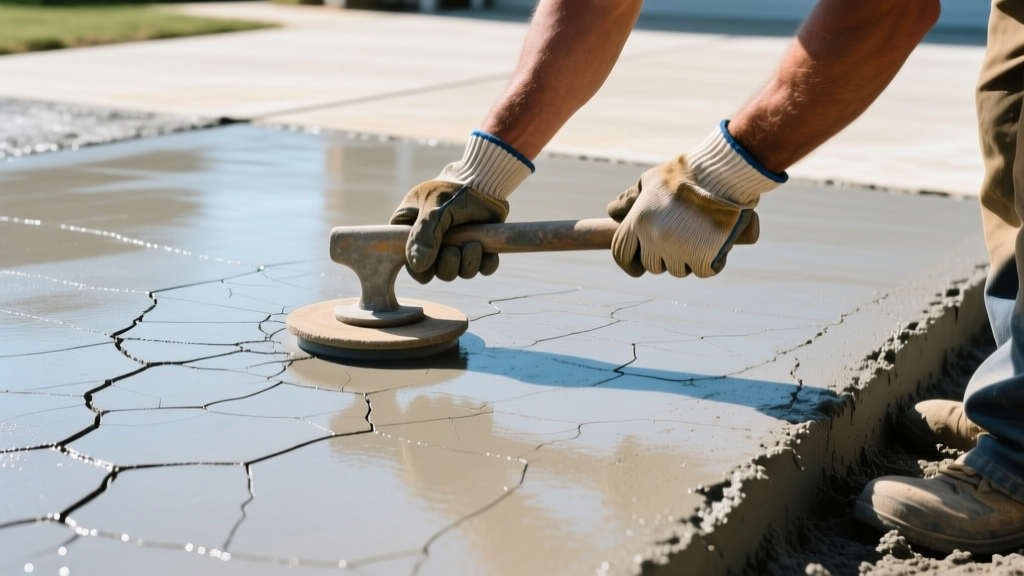 Close-up of concrete finisher using a bull float on fresh driveway slab, examining early-stage plastic shrinkage cracking patterns