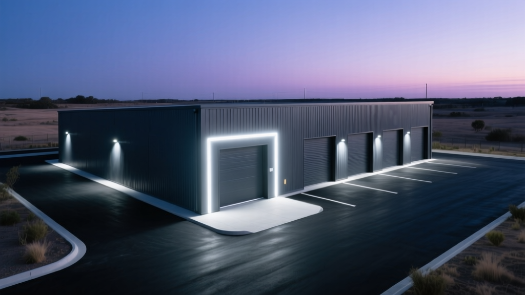Aerial view of a new single-story mini storage facility with charcoal metal siding, fresh asphalt, and bright LED security lighting at dusk