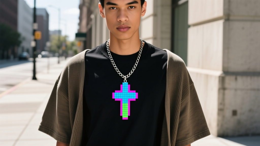 Model wearing layered streetwear featuring a 2mm steel box chain and pixel-art cross pendant over a black crew-neck t-shirt.