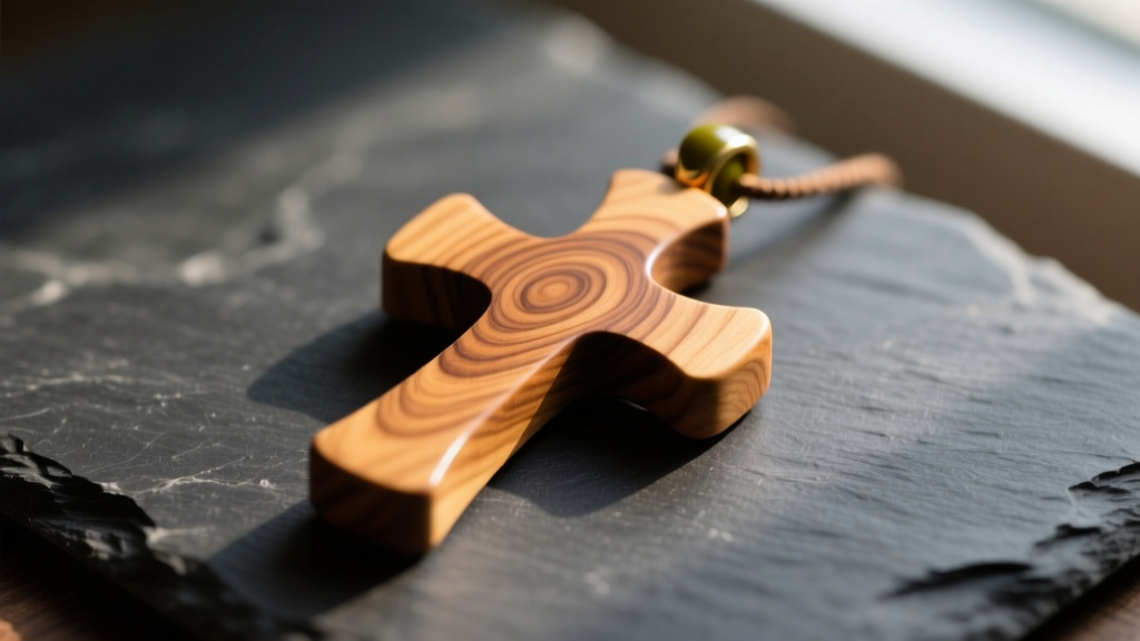 Polished olive wood cross pendant on dark slate, warm lighting highlighting intricate natural wood grain and smooth beveled edges.