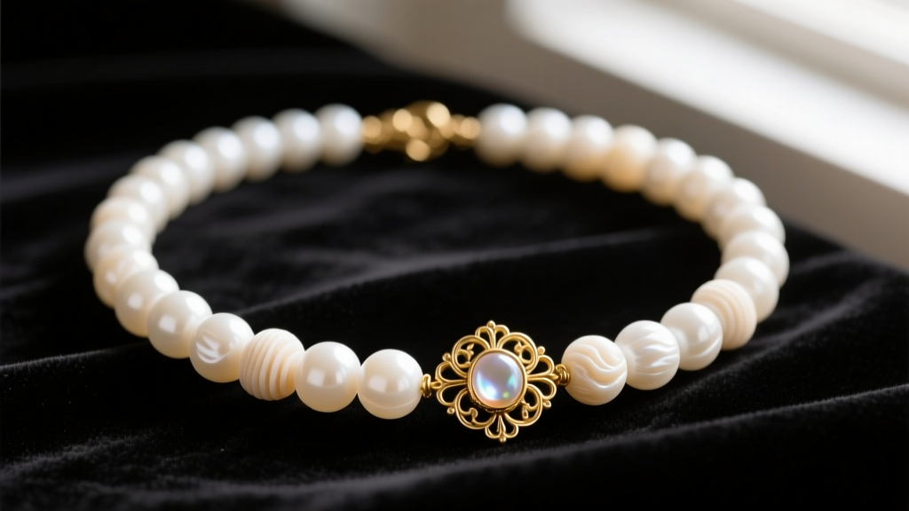 Close-up of a vintage white coral necklace with 10mm round beads and a 14k gold filigree clasp, resting on dark velvet fabric.