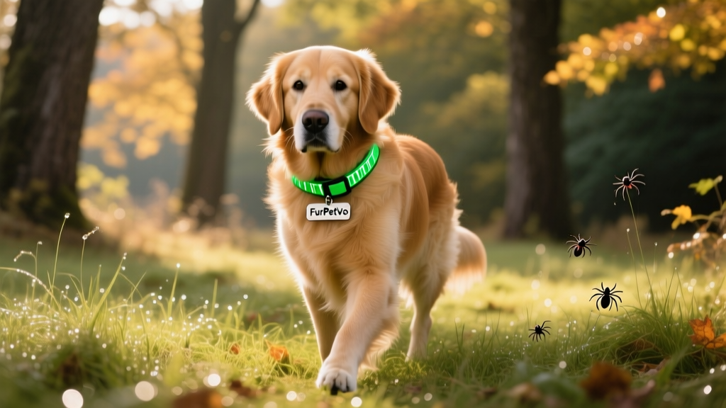 Dog wearing a FurPetVo Protect Collar while walking in grassy woodland area