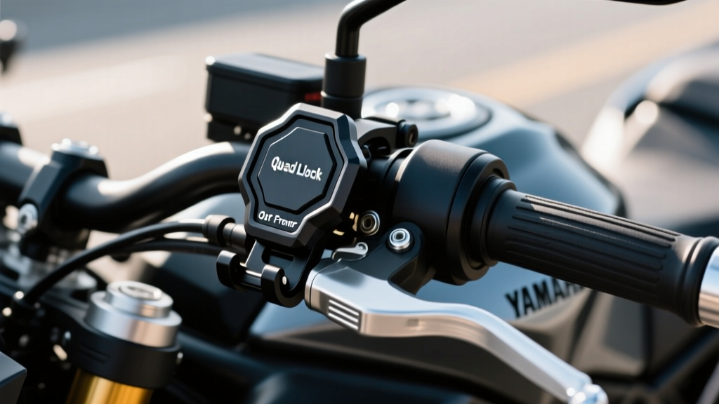 Close-up of a Quad Lock Out Front motorcycle mount featuring the Vibration Dampener module attached to the handlebars of a Yamaha MT-07