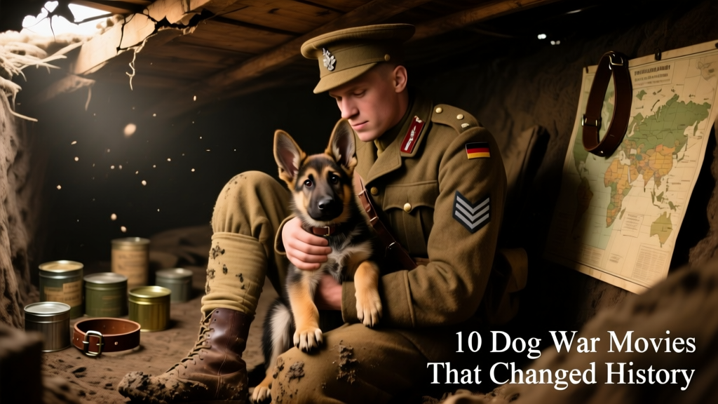 A young soldier gently holding a scruffy German Shepherd puppy in a WWI-era trench setting