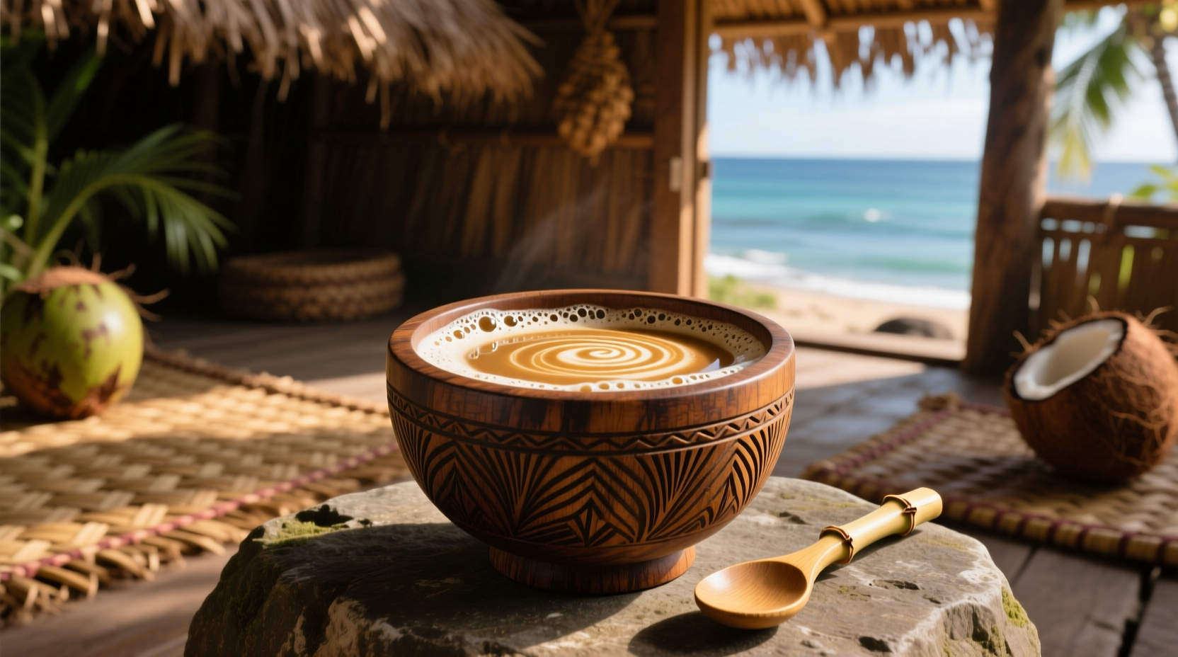 Traditional kava bowl with frothy beverage