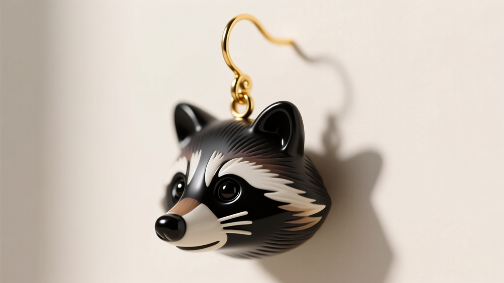 Side view of a heavy resin raccoon dangle earring on an 18-gauge gold ear wire, highlighting wire thickness against soft lighting.