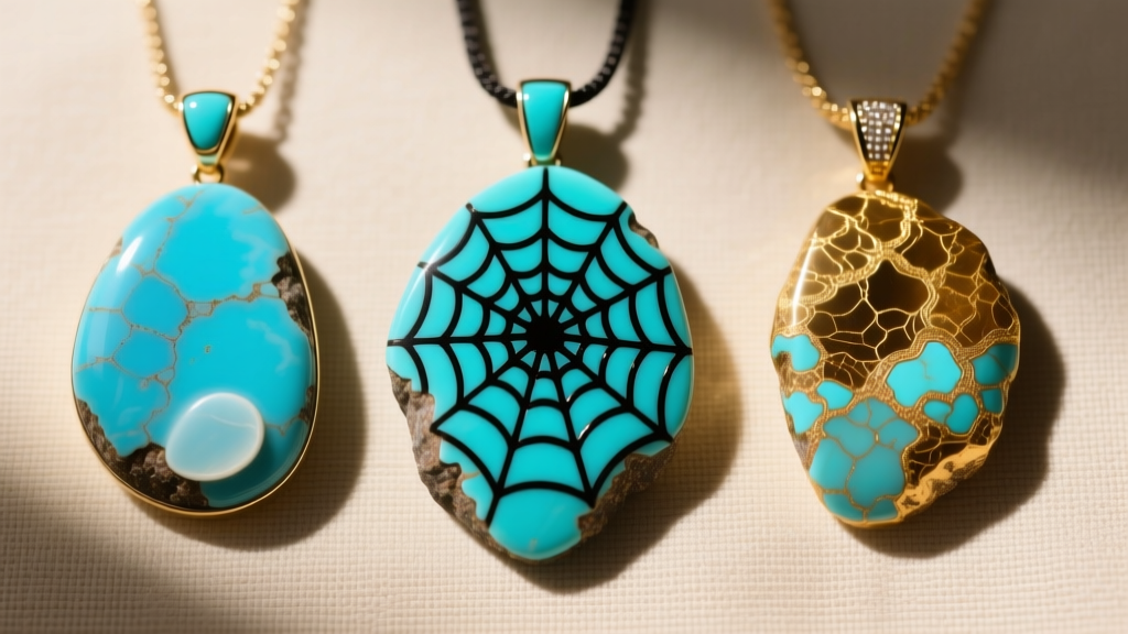 Three large turquoise pendants showing Sleeping Beauty clear blue, Kingman dark spiderweb, and Royston golden matrix patterns.