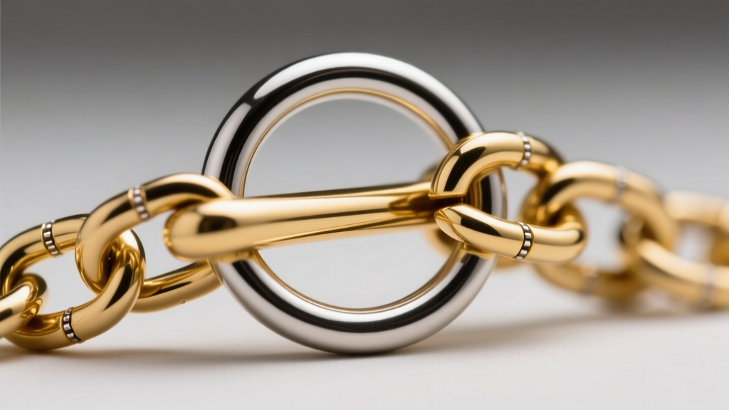 Macro view of a gold toggle clasp, T-bar passing through a ring, showing metal thickness and solder joints on a delicate chain