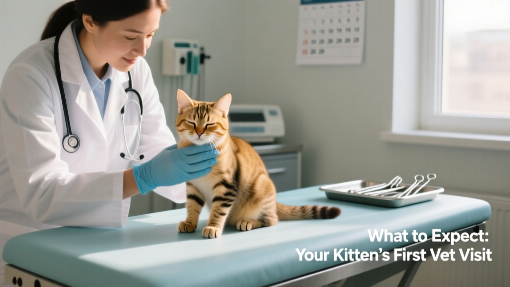 A veterinarian gently examining a relaxed kitten on a padded exam table