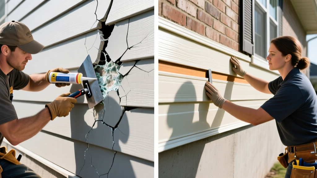 Split-screen comparison showing a contractor repairing cracked fiber cement siding on the left and replacing warped vinyl siding panels on the right