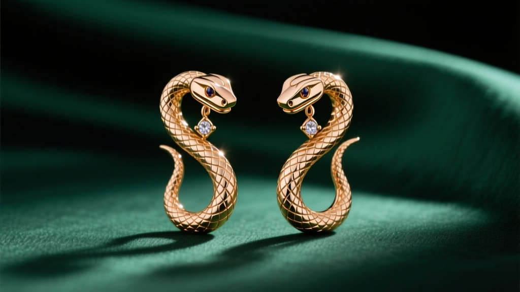 Close-up of 18k rose gold Bvlgari Serpenti Viper drop earrings catching warm studio light against a dark emerald silk backdrop