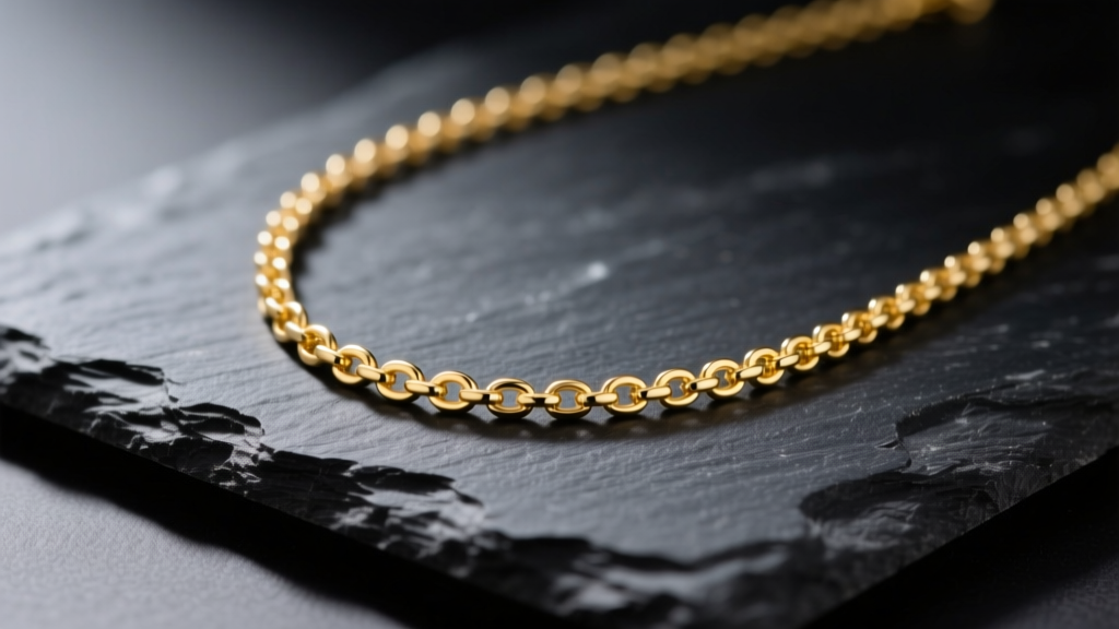 Close-up of a delicate 14k yellow gold gram necklace on dark slate, highlighting fine micro-links under soft studio lighting.