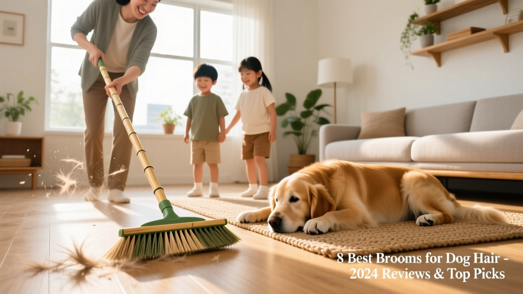 Family using FurPetVo EcoSweep Bamboo Broom together on sunlit hardwood floor, dog resting nearby