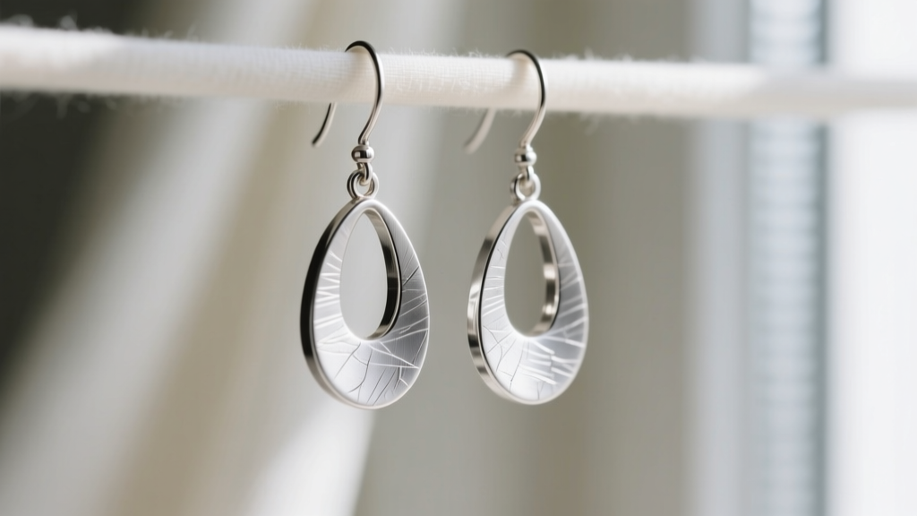 Macro shot of brushed palladium drop earrings, highlighting the matte texture that prevents harsh camera flash glare at weddings