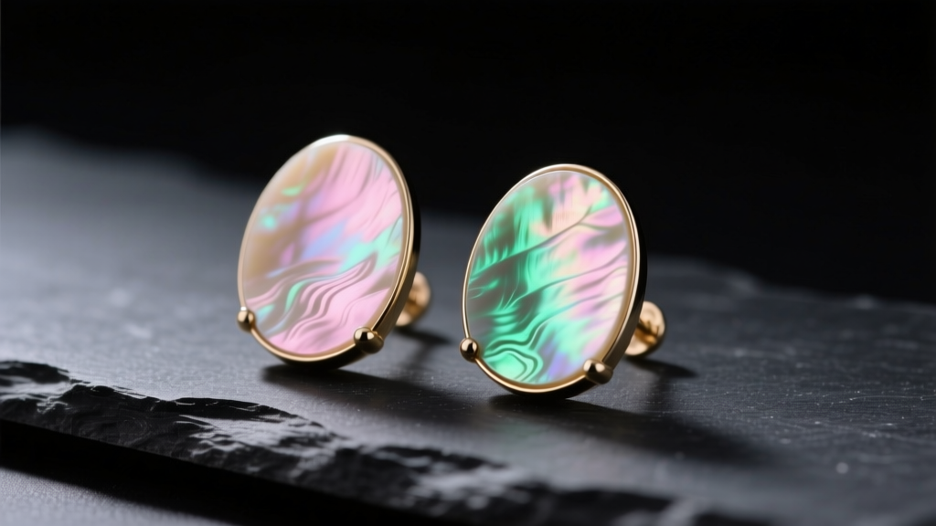 Macro shot of iridescent mother pearl earrings on dark slate, showing pink and green nacre overtones under soft studio lighting.