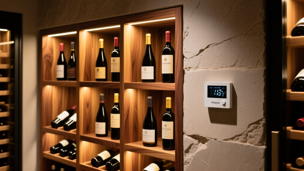 Spanish cedar wine fridge racking holding bottles under warm LED lighting inside a climate-controlled cellar with a digital thermostat.