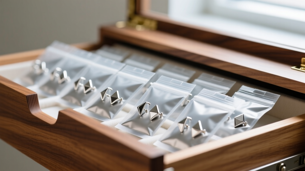 Sealed autoclave pouches containing sterilized niobium ear cuffs, neatly stored inside a clean, UV-lined wooden jewelry drawer.