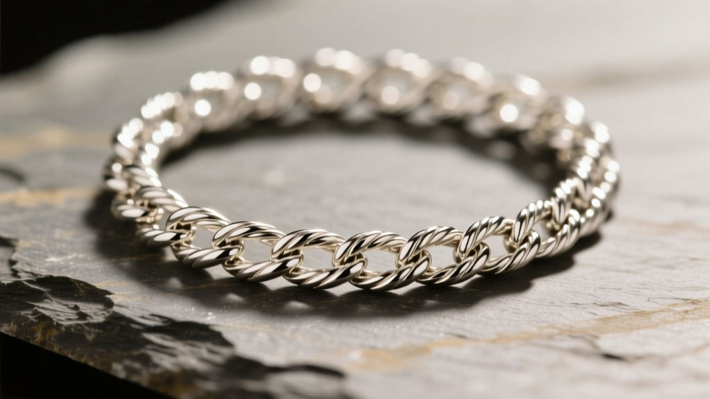 Macro shot of a 14k white gold rope chain on slate, highlighting bright rhodium luster and intricate interlocking metal links.