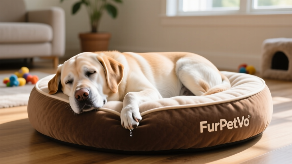 A senior dog comfortably nestled in the FurPetVo Ultra Calming Pouf Bed, head resting on the padded rim