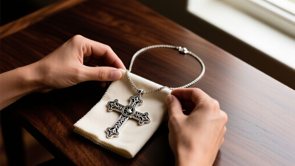 Overhead view of hands polishing a 950 silver Chakana cross Peru necklace with a dry microfiber cloth on a dark wooden desk.