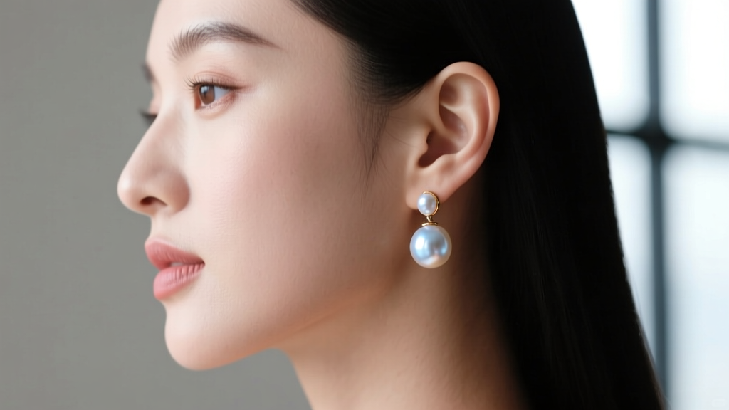 Side profile of a woman with a petite earlobe wearing an 8mm Akoya pearl earring, showing how larger sizes drape on the ear lobe