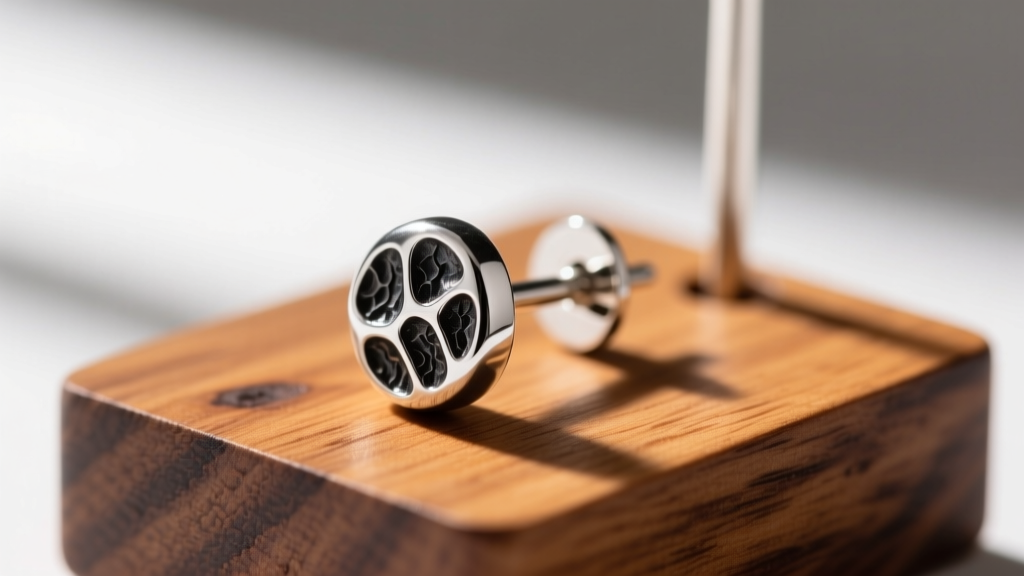 Macro shot of a sterling silver earring post showing dark oxidation where it rested on an unsealed wooden earring display stand.